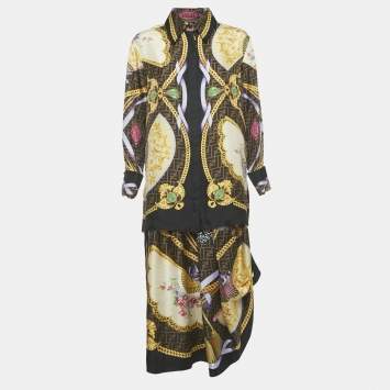 Pre Owned Fendace Brown Baroque Print Silk Top & Skirt Set M/L  