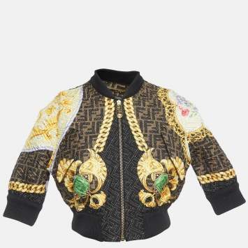 Pre Owned Fendi x Versace Brown/Multicolor FF Quilted Silk Cropped Jacket XS