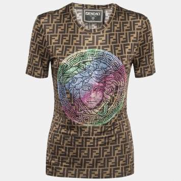 Pre Owned Fendi x Versace Brown Monogram Jersey Crystal Embellished T-Shirt M