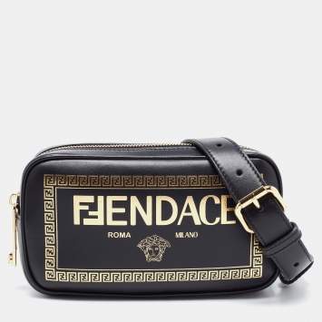 Pre Owned Fendi x Versace Black Leather Logo Print Fendace Camera Bag