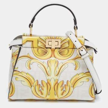 Pre Owned Fendi x Versace Yellow/White Zucca Baroque Print Leather Mini Fendace Peekaboo Top Handle Bag