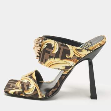 Pre Owned Fendi x Versace Black/Yellow Baroque Fabric Medusa Slide Sandals Size 36.5