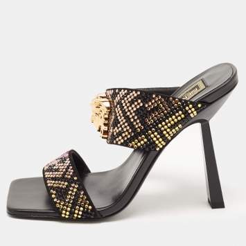 Pre Owned Fendi x Versace Multicolor Leather Crystal Embellished Slides Size 39 