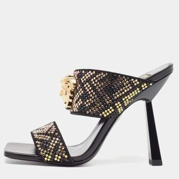 Pre Owned Fendi x Versace Fendace Black/Gold Suede Crystal Embellished Slide Sandals Size 36