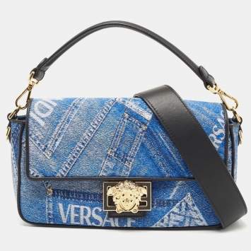 Pre Owned Fendi x Versace Fendace Blue/Black Denim and Leather Fendace Patchwork Baguette Bag