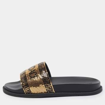 Pre Owned Fendi x Versace Gold/Black Metal Mesh Pool Slides Size 38
