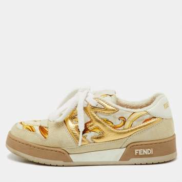 Pre Owned Fendi x Versace Beige/Gold Leather and Suede Match Sneakers Size 36