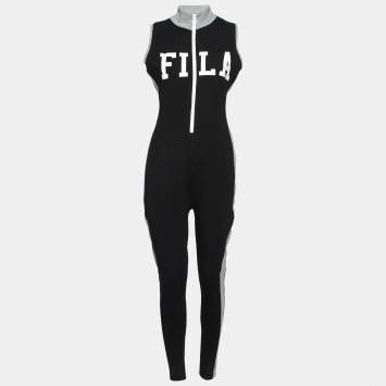 Pre Owned Fila Black & Grey Logo Printed Cotton Sleeveless Jumpsuit M