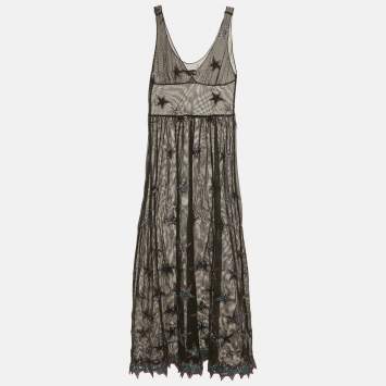 Fleur du Mal Black Star Embroidered Mesh Sheer Midi Dress M