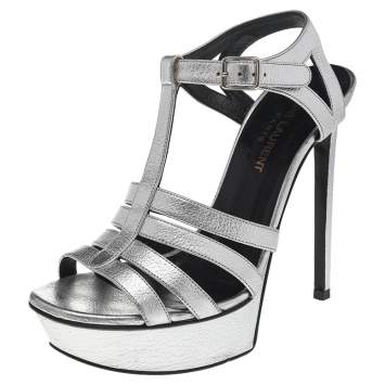 Pre Owned Saint Laurent Metallic Silver Leather Tribute Platform Sandals Size 37