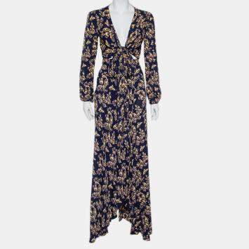 Pre Owned Flynn Skye Navy Blue Floral Print Wrap Top & Skirt Set S