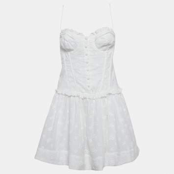 Pre Owned For Love And Lemons White Embroidered Cotton Sleeveless Mini Dress L