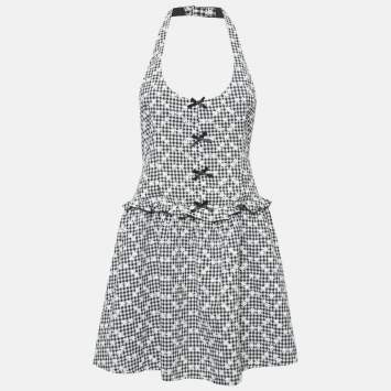 Pre Owned For Love & Lemons Monogram Floral Embroidered Checks Mini Dress M