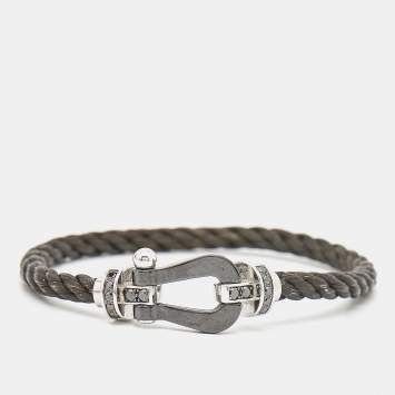 Pre Owned Fred Force 10 Cord Black Diamond Ceramic 18k White Gold Bracelet 16