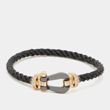 Pre Owned Fred Force 10 Diamond Ceramic 18k Rose Gold Black Cable Large Model Bracelet 16