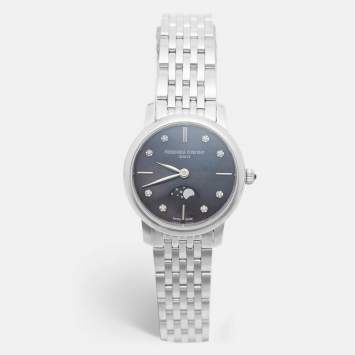 مملوكة مسبقًا ساعة يد نسائية فريدريك كونستانت سليملاين مون فايز FC-206MPBD1S6B وجه من عرق اللؤلؤ الأسود ستانلس ستيل ألماسات 30 مم