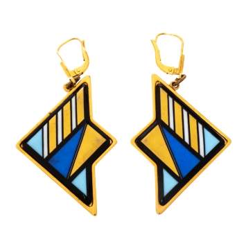 Pre Owned Frey Wille Multicolor Fire Enamel Gold Tone Dangle Earrings
