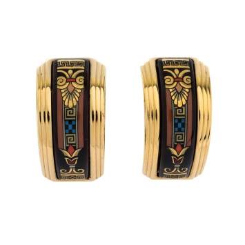 Pre Owned Frey Wille Multicolor Fire Enamel Gold Plated Hoop Earrings