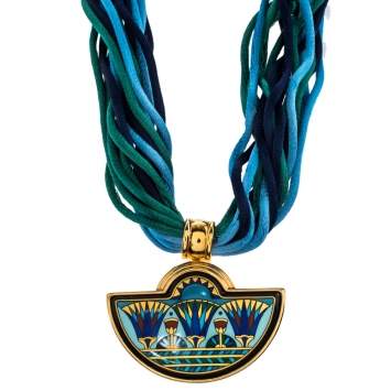 Pre Owned Frey Wille Blue Halfmoon Fire Enamel Pendant Multi Strand Silk Necklace