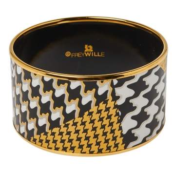 Pre Owned Frey Wille Pepita Rose Monochrome Fire Enamel Diva Bordered Bangle 