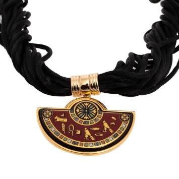 Pre Owned Frey Wille Vintage Egyptian Cleopatra Fire Enamel Gold Plated Half Moon Pendant Necklace