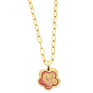 Pre Owned Frey Wille Magic Sphinx Pink Fire Enamel Gold Plated Flower Pendant Necklace