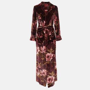 Pre Owned F.R.S For Restless Sleepers Burgundy Floral Print Velvet Robe Dress M