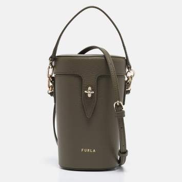 Pre Owned Furla Sage Green Leather Mini Net Bucket Bag