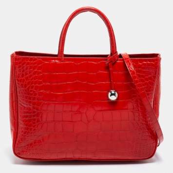 Pre Owned Furla Red Croc Embossed Leather Tote