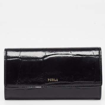 Pre Owned Furla Black Croc Embossed Leather Continental Wallet