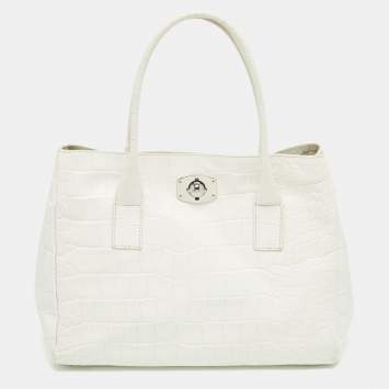 Pre Owned Furla White Croc Embossed Leather Turnlock Tote