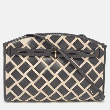 Pre Owned Furla Black/Beige Leather and Suede Woven Margherita Shoulder Bag