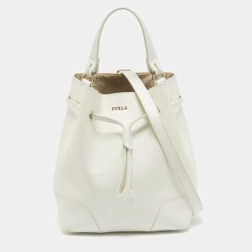 Pre Owned Furla White Leather Stacy Drawstring Bucket Bag