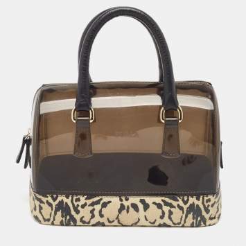 Pre Owned Furla Black/Beige Leopard Print Rubber and Leather Candy Satchel