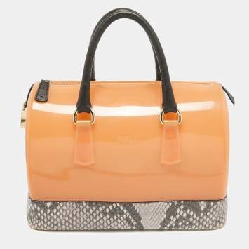 Pre Owned Furla Orange/Grey Rubber and Python Print Leather Medium Candy Satchel