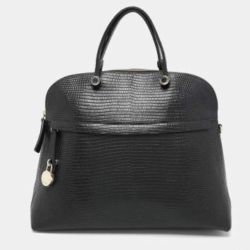 Pre Owned Furla Black Textured Leather Piper Dome Satchel