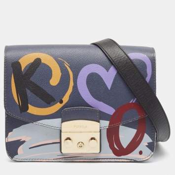 Pre Owned Furla Dark Grey Printed Leather Metropolis Shoulder Bag