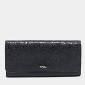 Pre Owned Furla Black Leather Logo Flap Continental Wallet