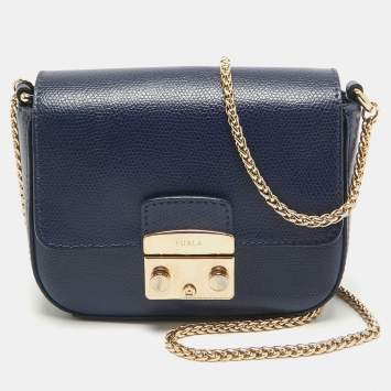 Pre Owned Furla Navy Blue Leather Mini Metropolis Chain Crossbody Bag