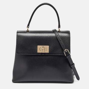 Pre Owned Furla Black Leather 1927 Flap Top Handle Bag
