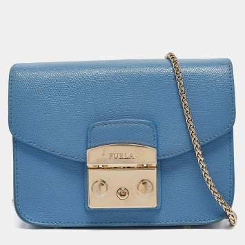 Pre Owned Furla Blue Leather Mini Metropolis Crossbody Bag