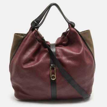 Pre Owned Furla Burgundy/Beige Leather Clasp Shoulder Bag