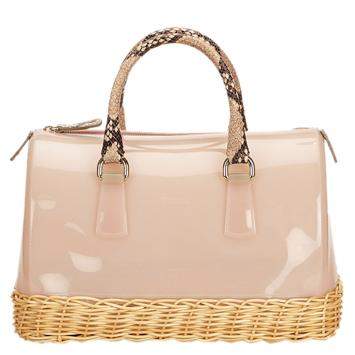 Pre Owned Furla Pink Glossy Rubber/Straw Candy Satchel Bag