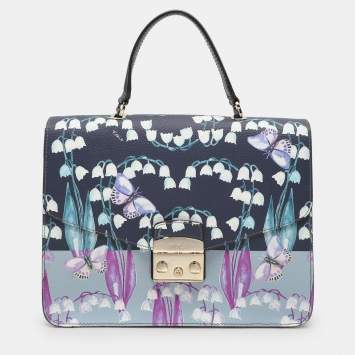 Pre Owned Furla Multicolor Flower and Butterfly Print Coated Canvas Metropolis Top Handle Bag