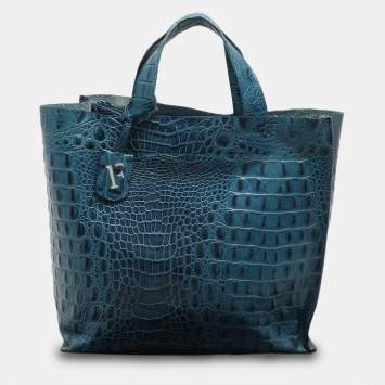 Furla Blue Croc Embossed Leather Divide It Tote