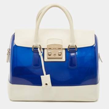Pre Owned Furla Blue/White Rubber and Leather Candy Flap Satchel