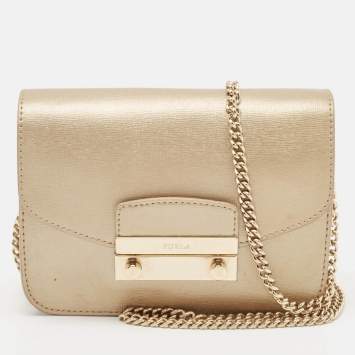 Pre Owned Furla Pale Gold Leather Mini Metropolis Crossbody Bag