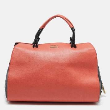 Pre Owned Furla Orange/Black Leather Zip Satchel