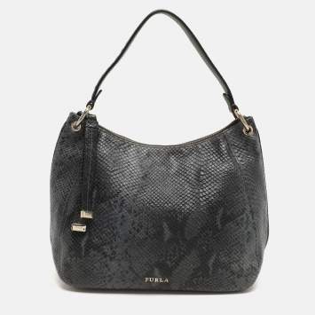 Furla Blue/Black Python Embossed Leather Hobo