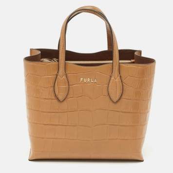 Furla Tan Croc Embossed Leather Tote